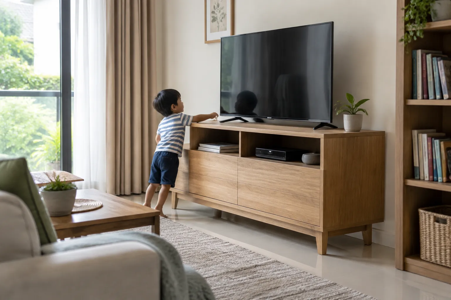 Anak kecil meraih peralatan pada kabinet televisi
