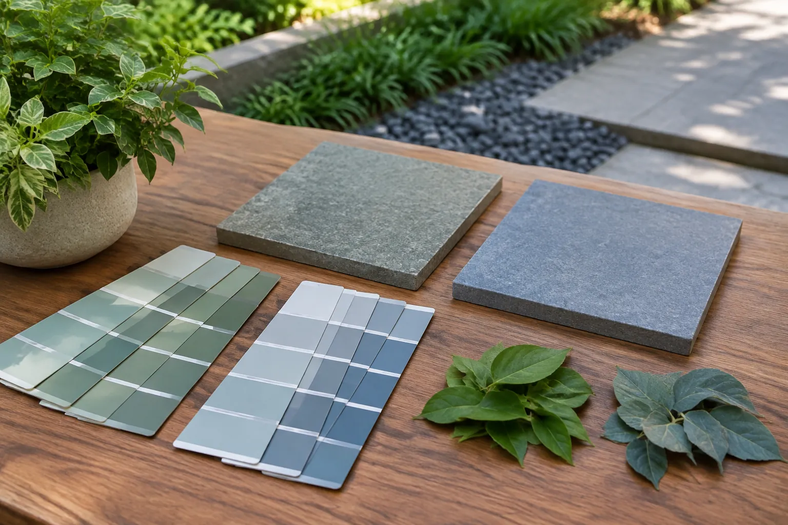 Kartu warna dan sampel material disusun di meja taman