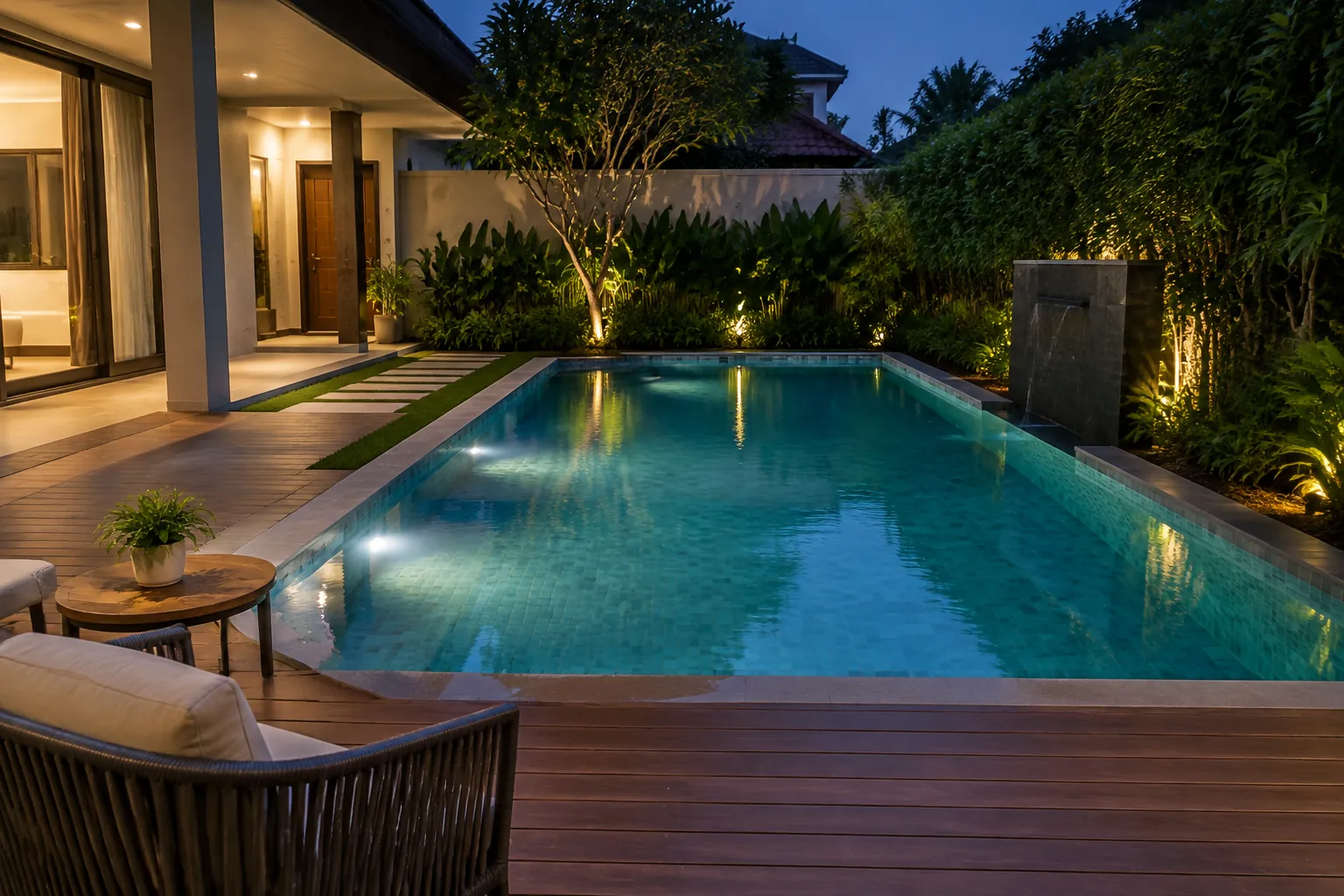 Kolam rumah dan tepi deck terlihat pada pencahayaan malam