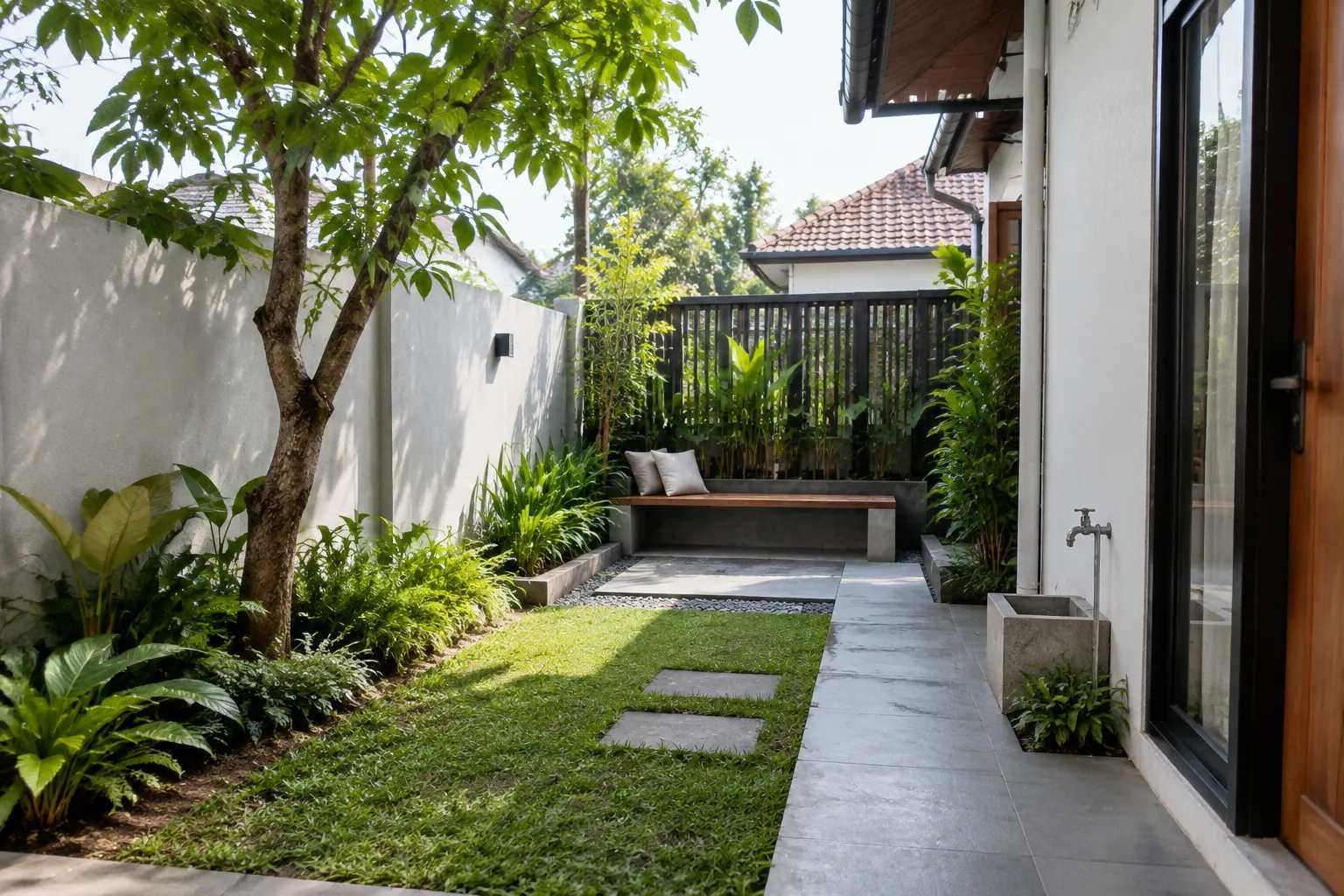 Jalur pijak dan tempat duduk di taman samping rumah yang sempit