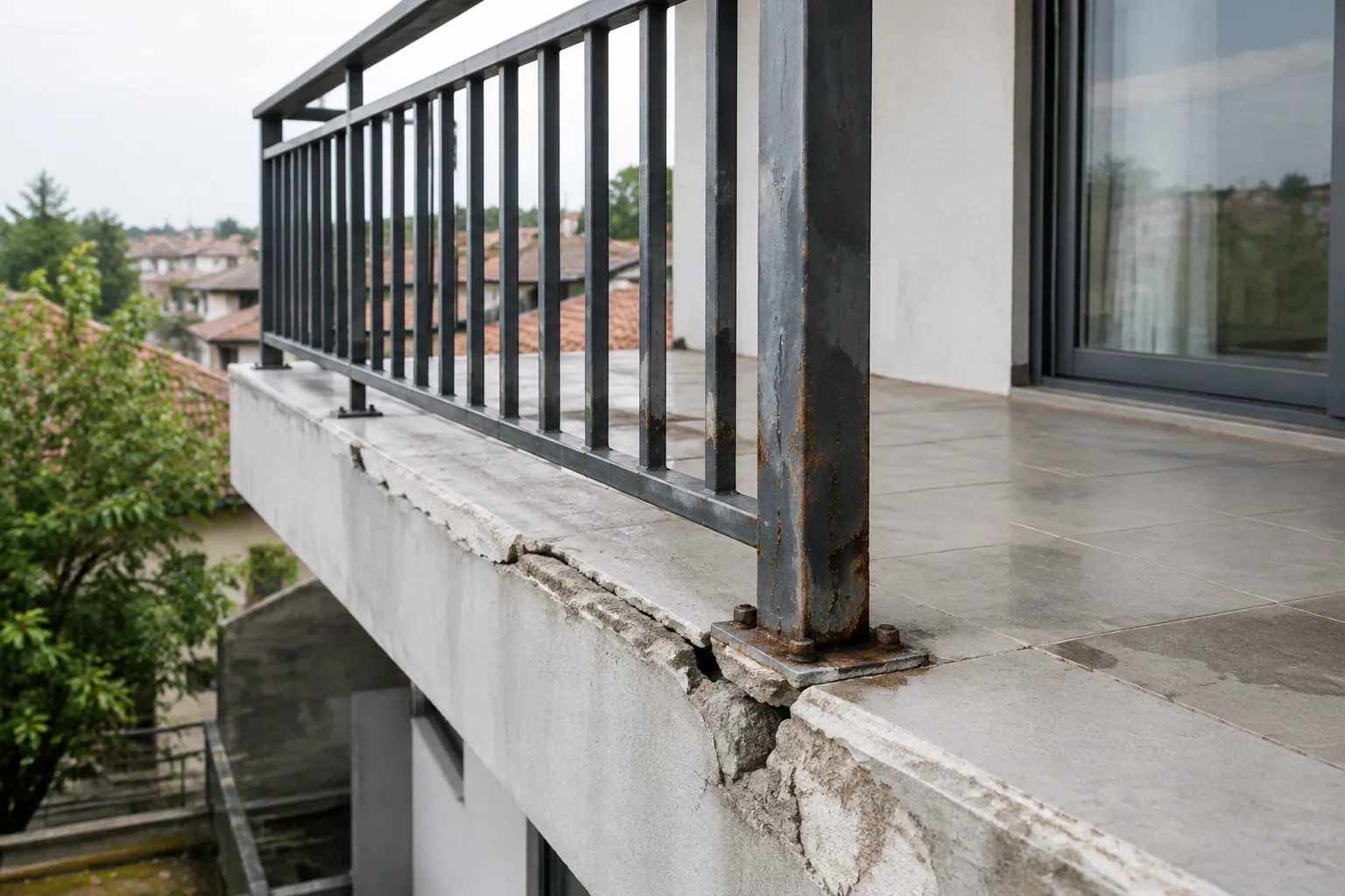 Retakan pada tepi pelat balkon terlihat di dekat tiang pagar