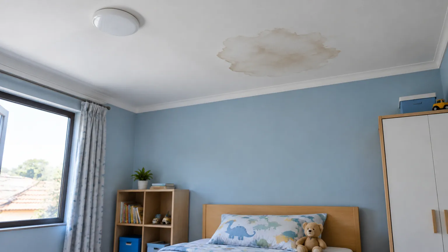 Plafon kamar anak bernoda air di dekat jendela