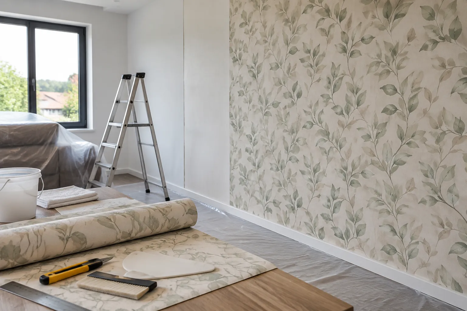 Wallpaper bermotif pada dinding kamar yang sedang dikerjakan