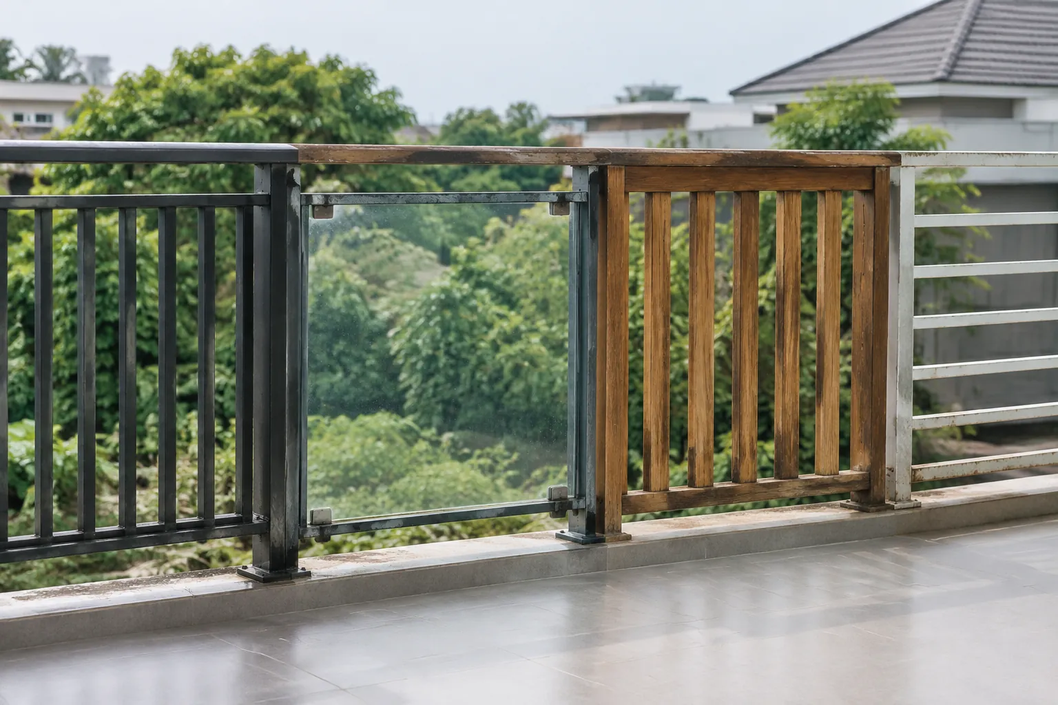 Panel logam dan kayu digunakan berdampingan pada pagar balkon