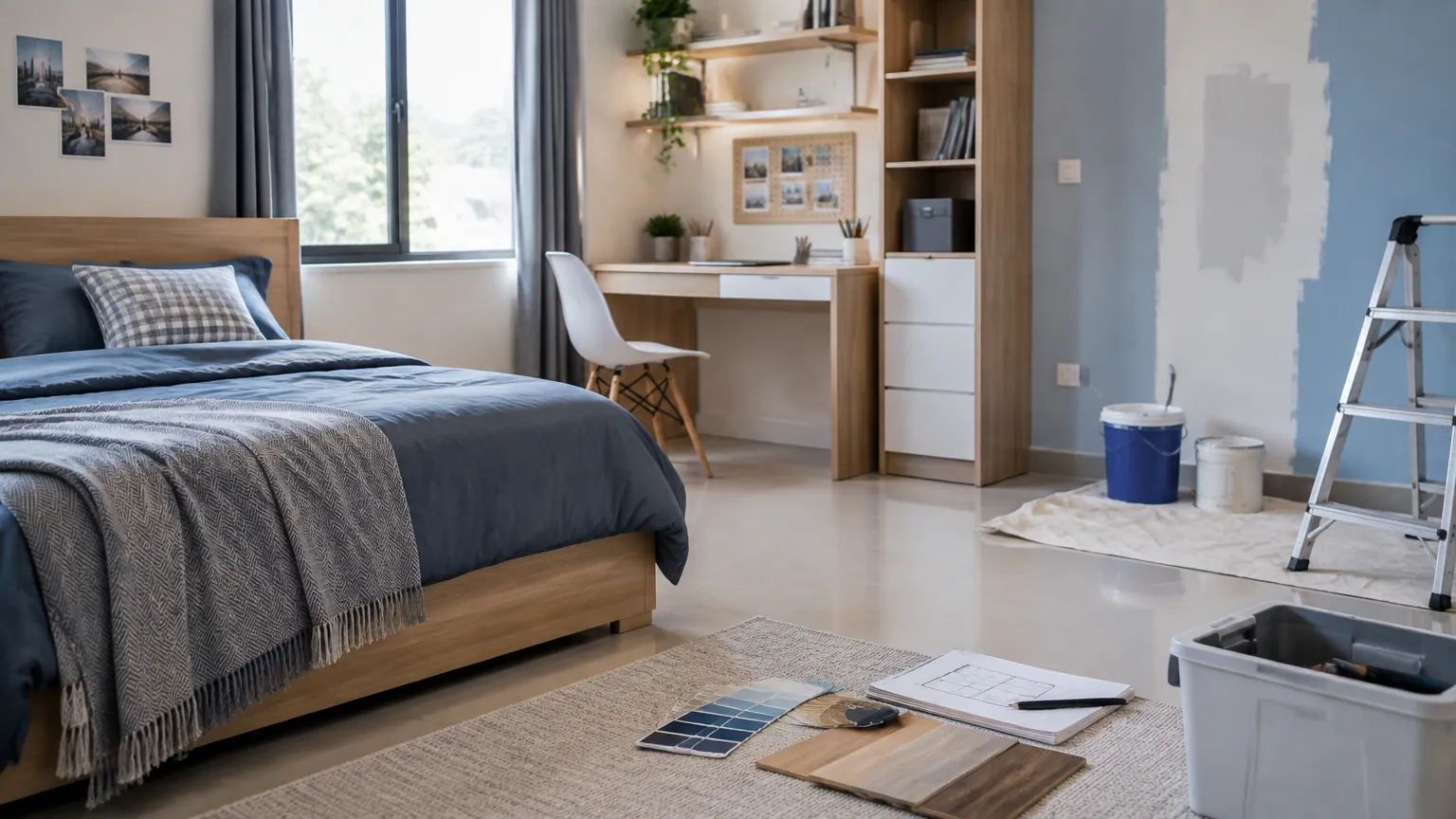 Kamar remaja dengan bidang dinding yang sedang dicat ulang