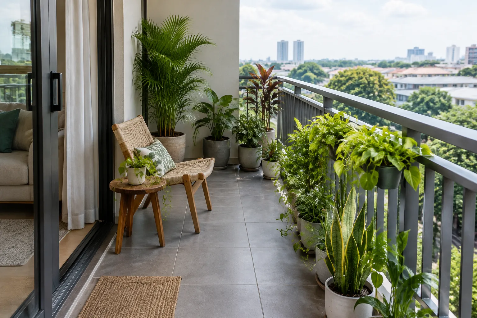Balkon apartemen dengan pot tanaman dan jalur berjalan
