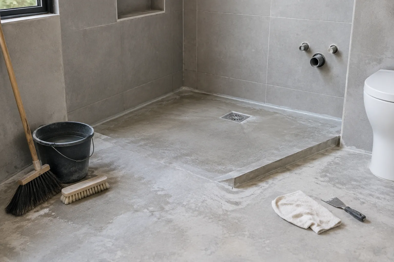 Lantai dasar kamar mandi yang belum selesai dan masih terbuka