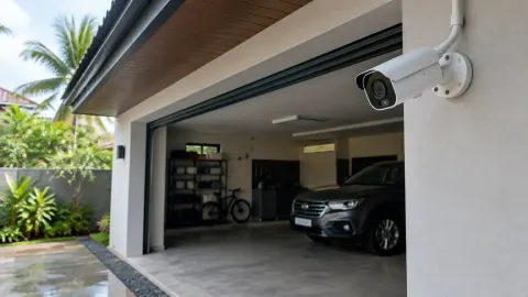 Garasi rumah terbuka dengan kendaraan dan kamera pada sudut luar