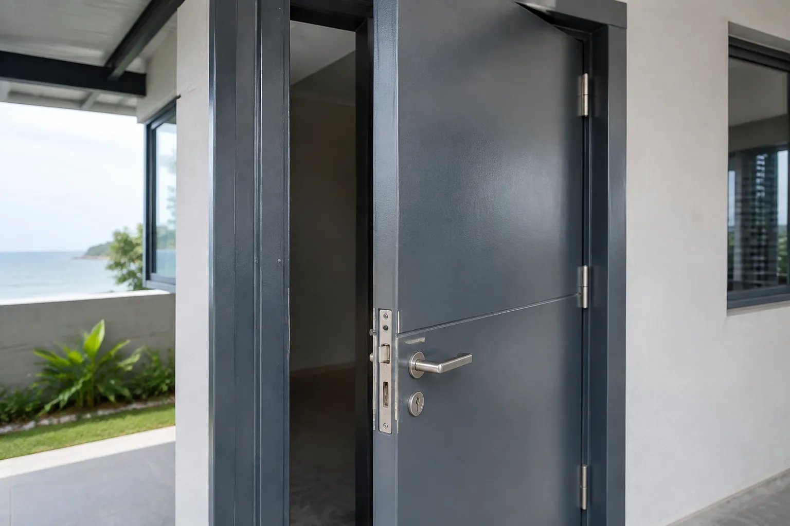 Pintu logam gelap dengan engsel dan gagang terlihat