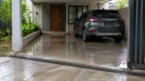 Carport basah dengan saluran air di depan mobil
