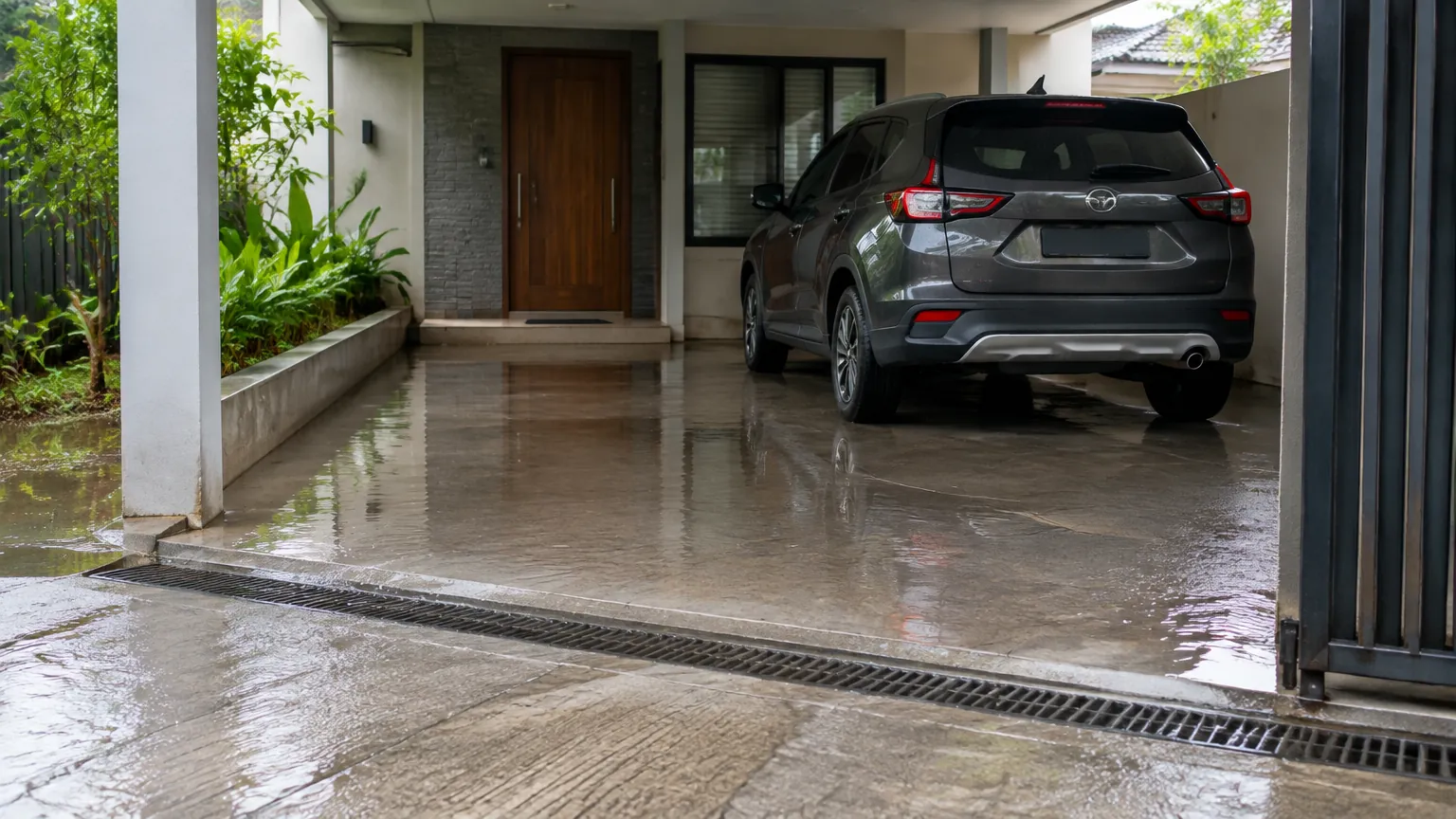Carport basah dengan saluran air di depan mobil