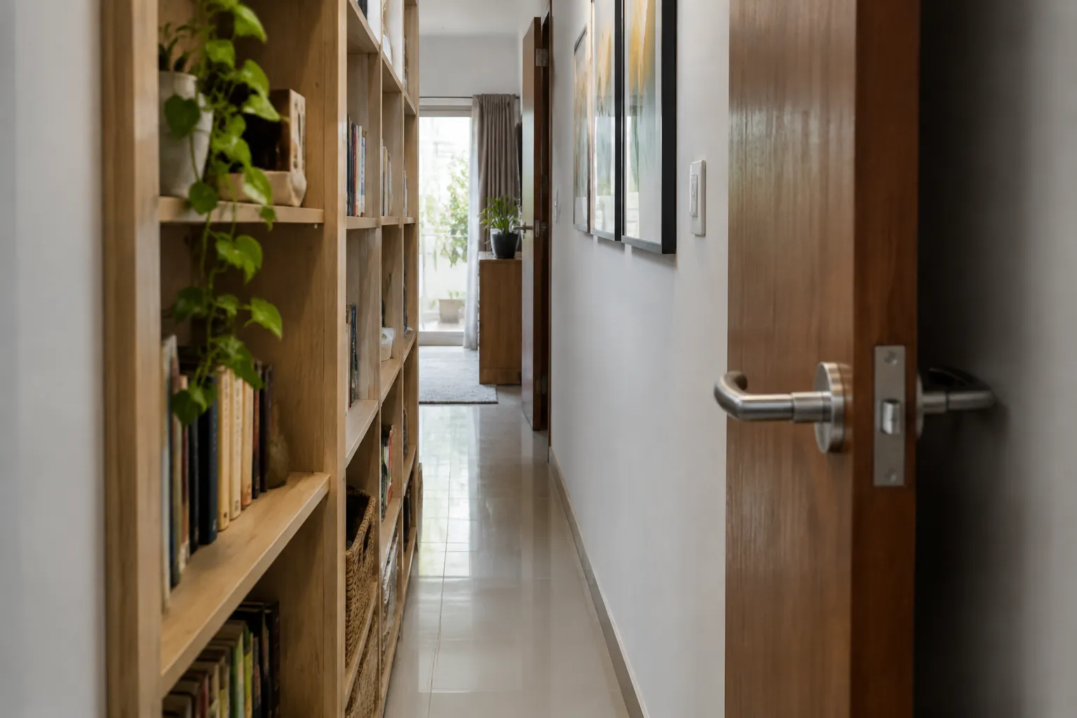 Rak terbuka memenuhi salah satu sisi lorong sempit