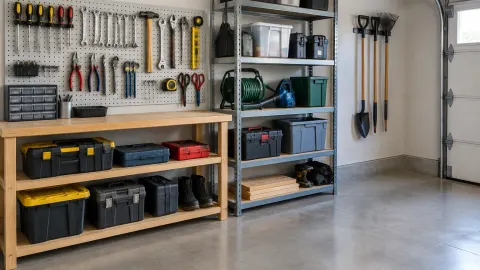 Alat tangan tersusun pada pegboard di atas rak rendah, dengan lantai garasi yang terbuka di sampingnya.
