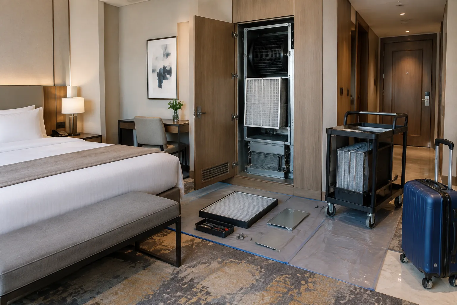 Perlengkapan kerja dan material berada di kamar hotel saat persiapan pembongkaran