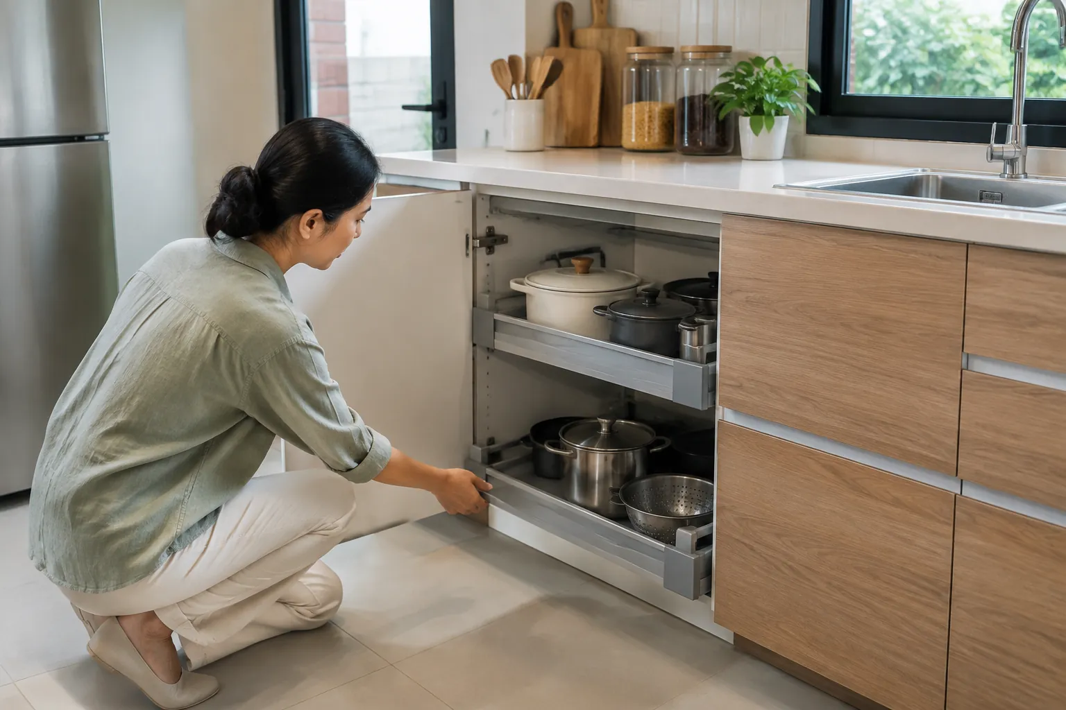 Seseorang memeriksa isi kabinet bawah dapur