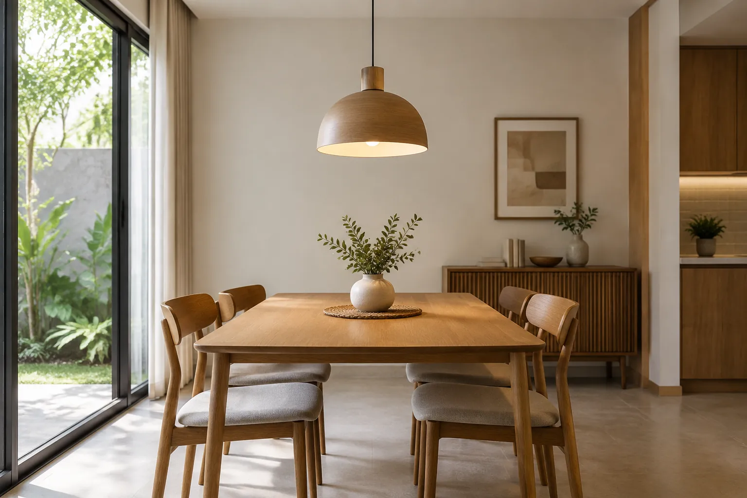 Lampu gantung kayu di atas meja makan