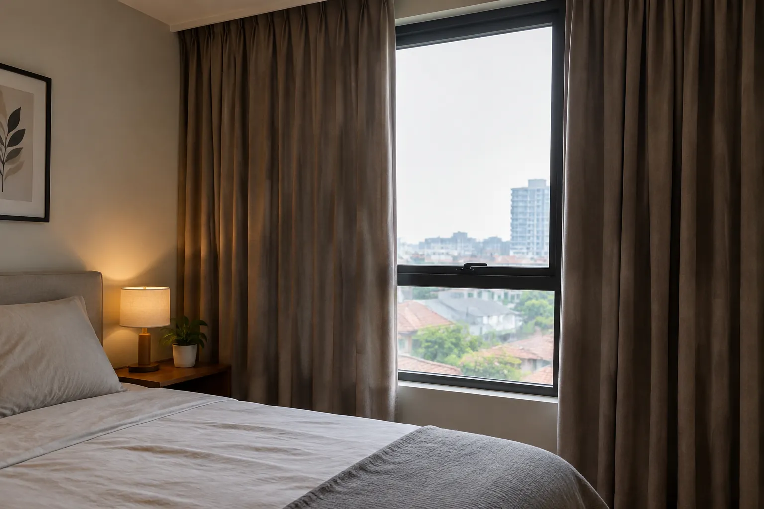 Kamar tidur dengan tirai gelap pada jendela besar