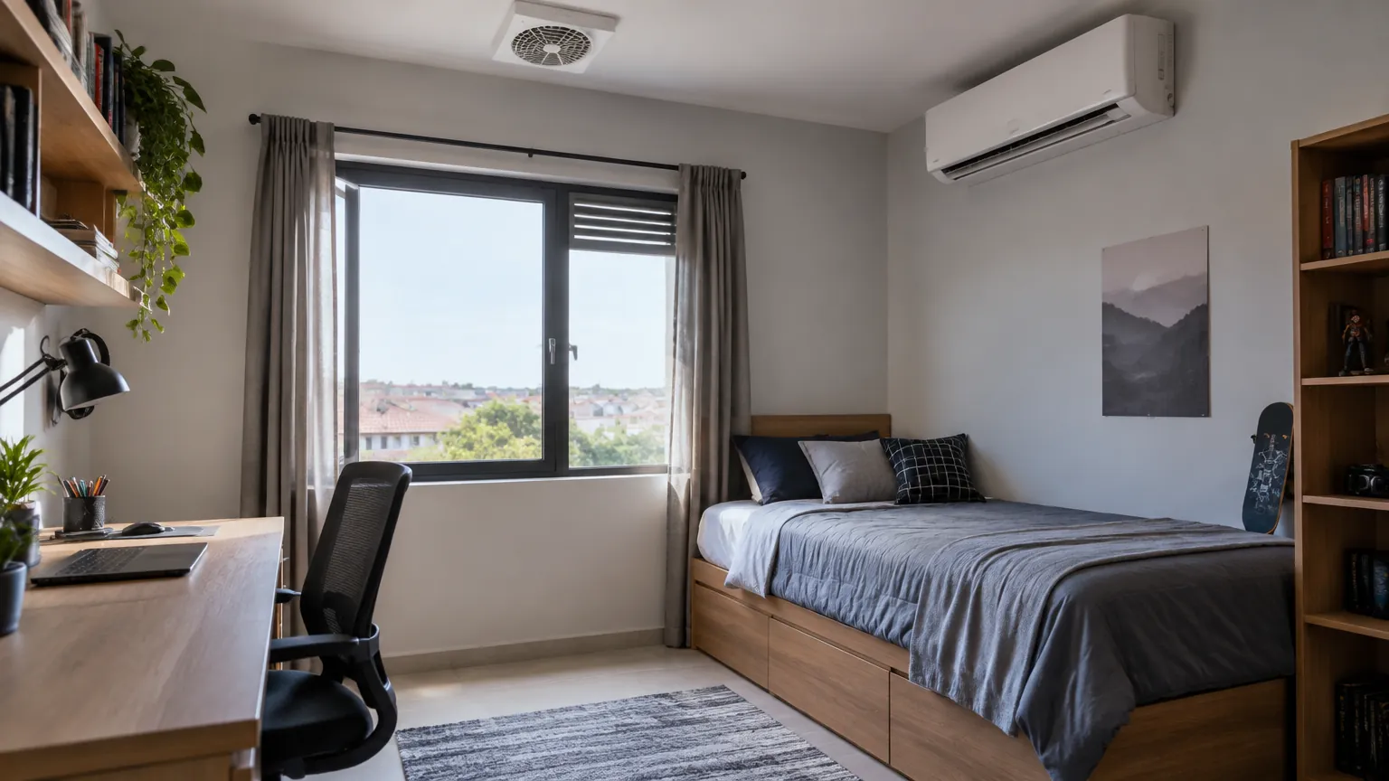 Kamar remaja dengan jendela dan pendingin di atas tempat tidur