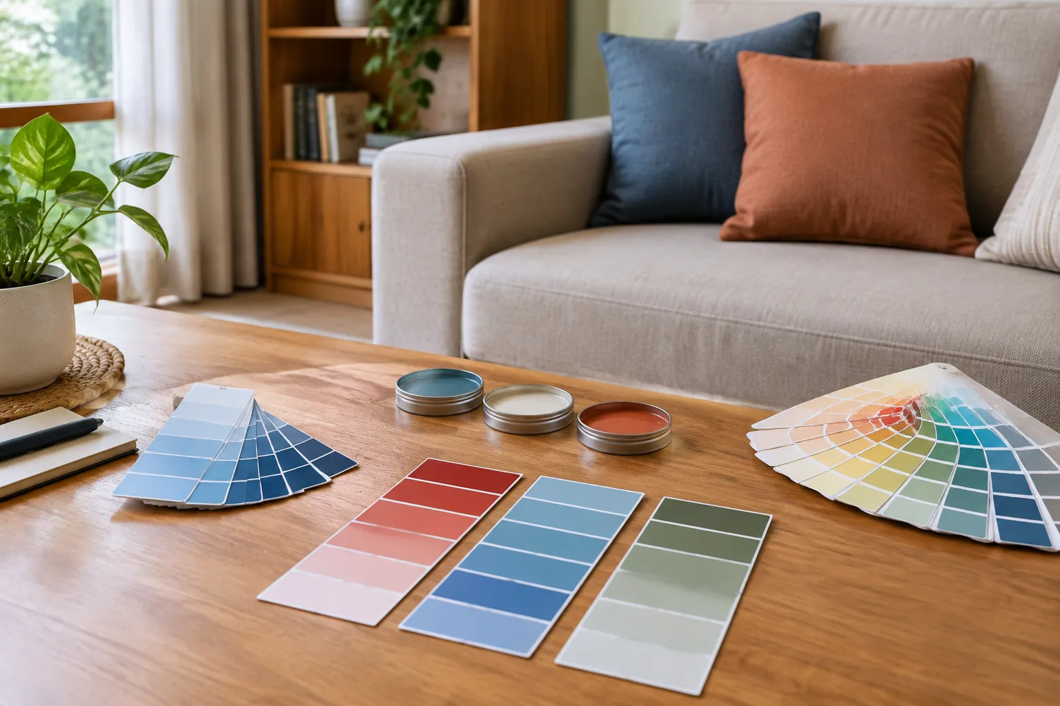 Kipas warna dan sampel cat di depan sofa