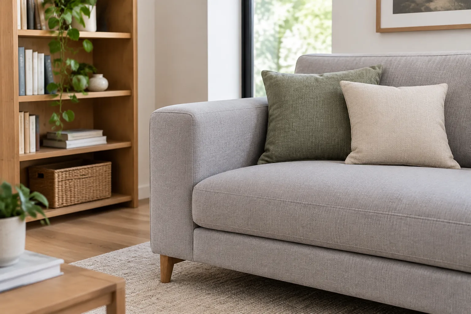 Sofa abu-abu di samping rak kayu ruang duduk