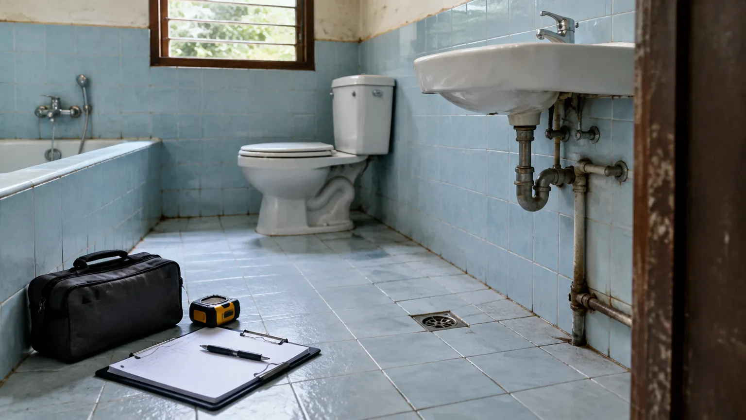 Kamar mandi lama dengan pipa terlihat di bawah wastafel