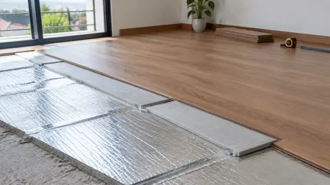 Panel insulasi berlapis foil dipasang di bawah lantai kayu