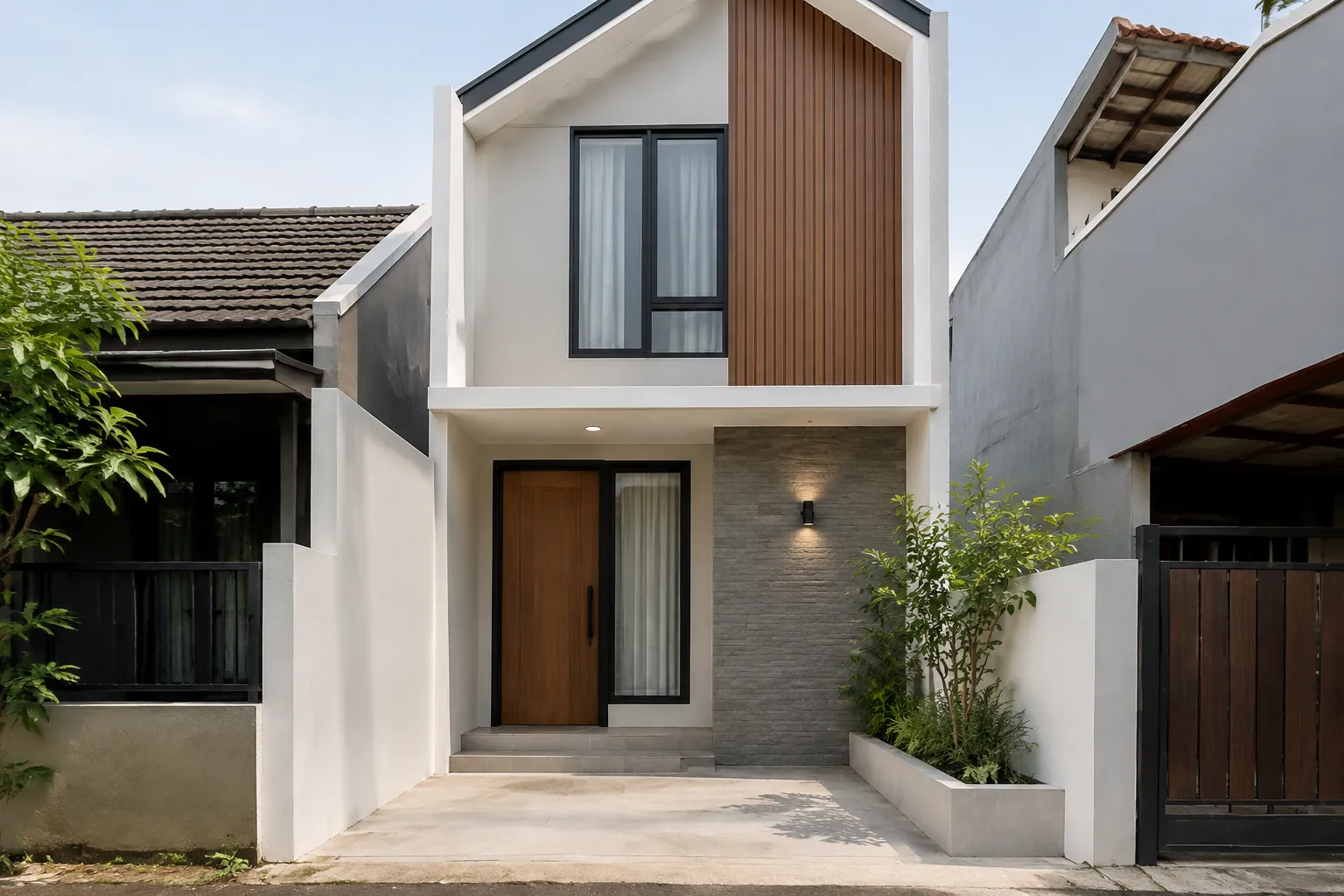 Rumah sempit dua lantai dengan panel kayu vertikal pada fasad