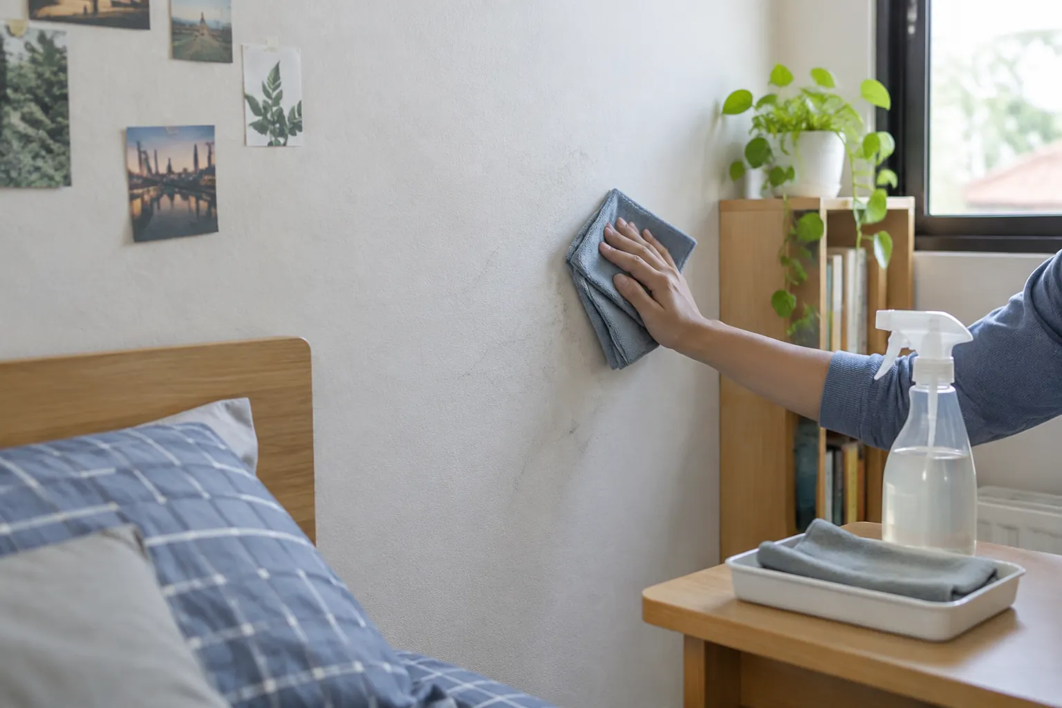 Seseorang menyeka dinding kamar dengan kain