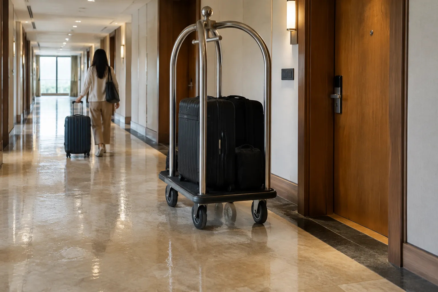 Troli koper dan tamu pada koridor hotel