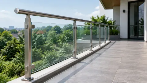 Railing kaca dengan sambungan logam di balkon
