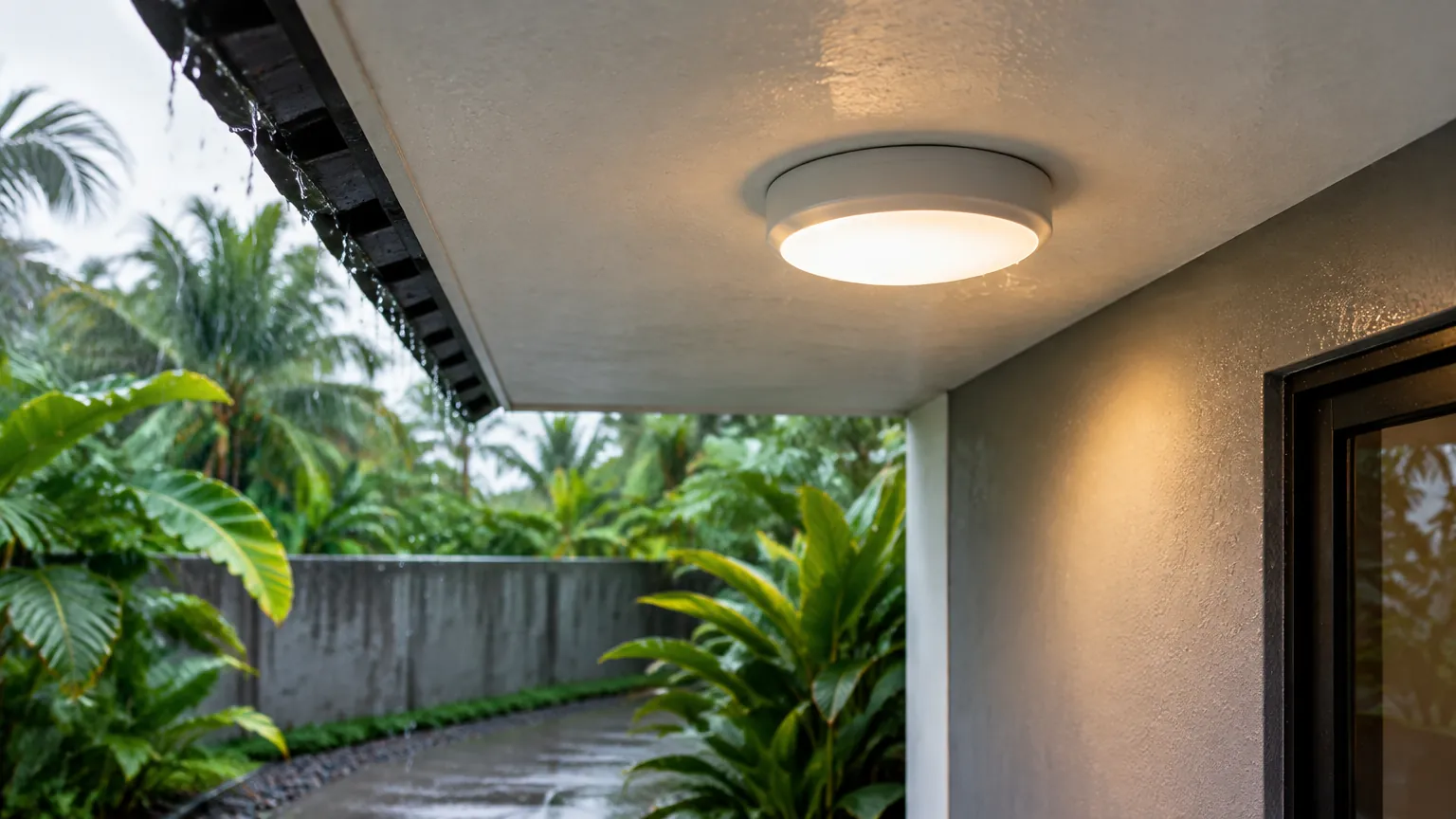 Lampu plafon pada teras rumah tropis