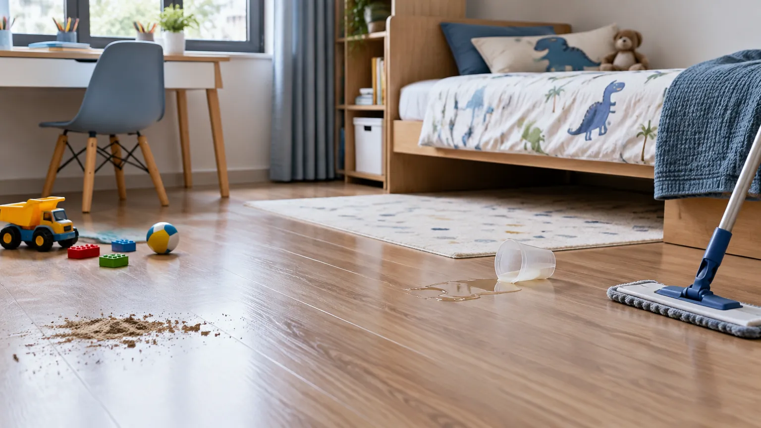 Lantai kamar anak dengan alat pel dan mainan