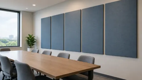 Panel berlapis kain terpasang di dinding ruang rapat