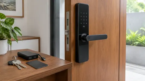Gagang kunci digital pada pintu kayu dengan perangkat di meja dekatnya