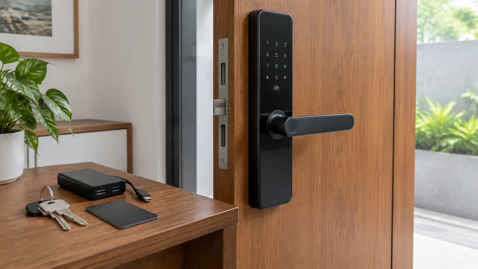 Gagang kunci digital pada pintu kayu dengan perangkat di meja dekatnya