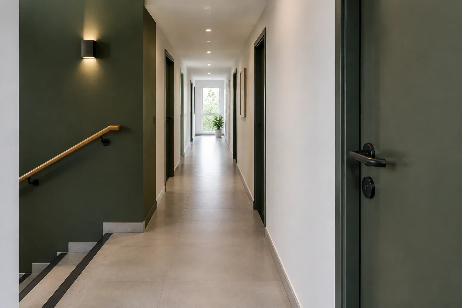 Lorong dengan dinding gelap dan lampu dinding