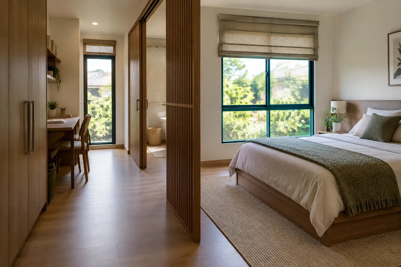 Area tidur dan meja kerja dipisahkan oleh susunan furnitur