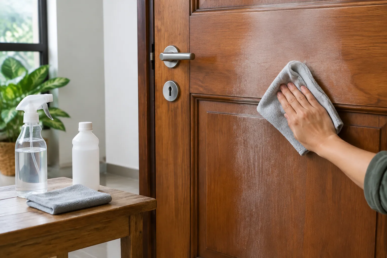 Seseorang mengelap permukaan pintu kayu dengan kain