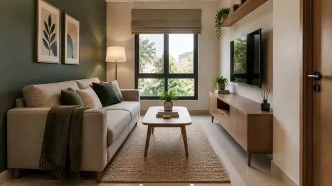 Ruang tamu kecil dengan sofa terang, dinding hijau lembut, dan rak kayu