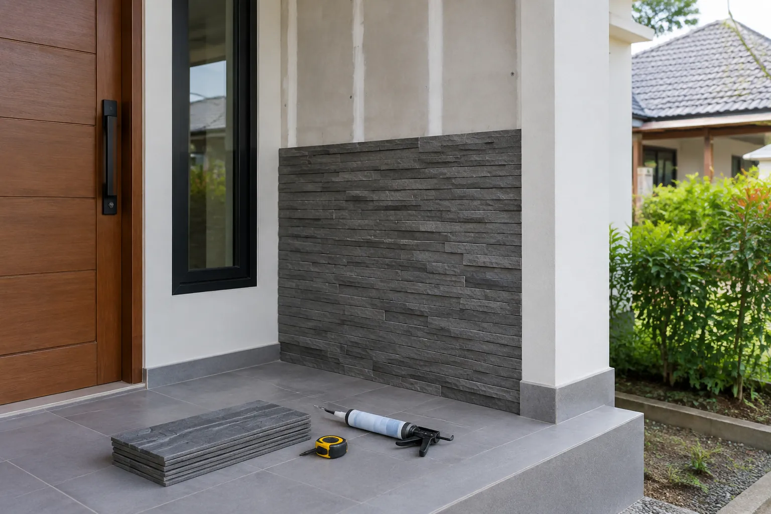 Pelapis batu di depan pintu kayu teras