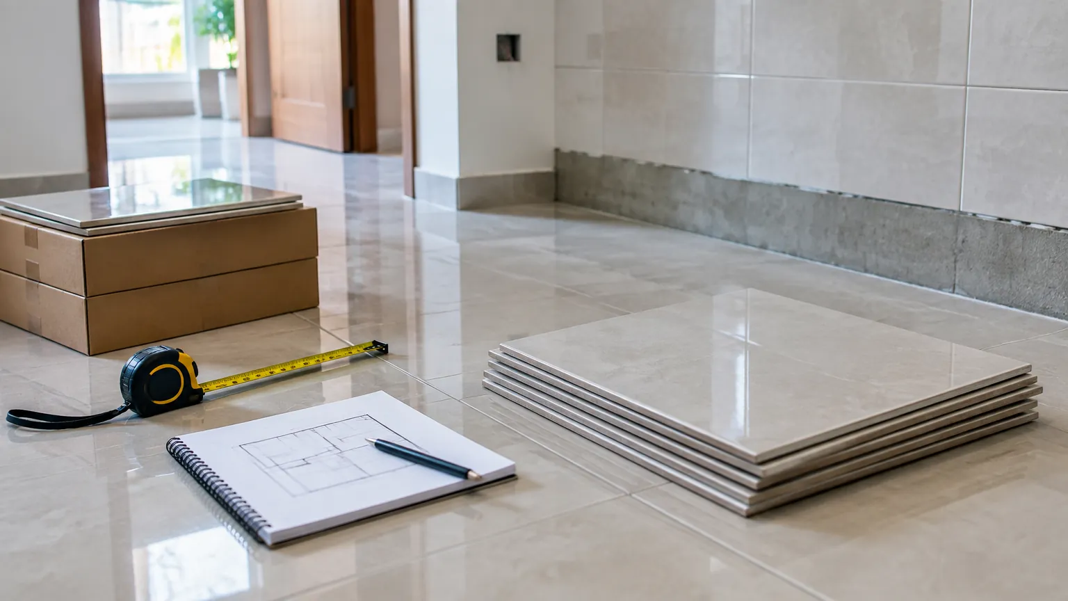 Tumpukan keramik, meteran, dan buku catatan di ruangan