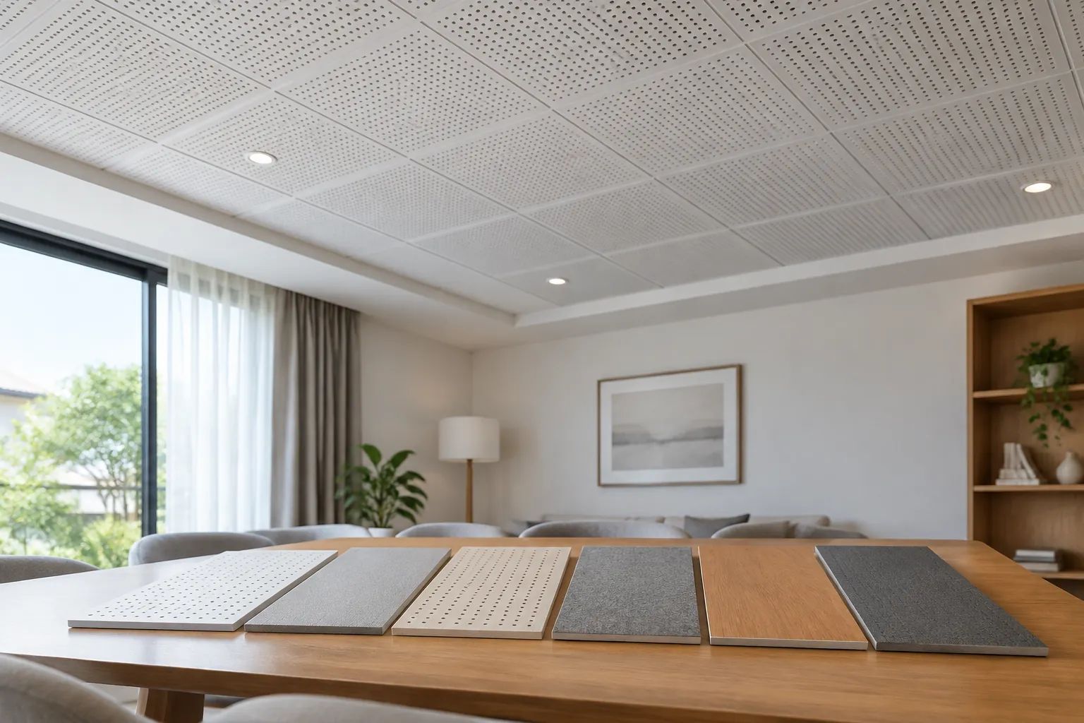 Sampel panel plafon di atas meja interior.