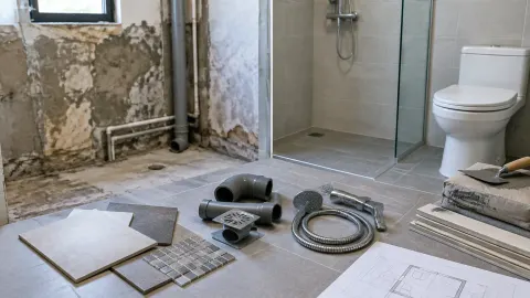 Kamar mandi dalam tahap pembongkaran dan pemasangan