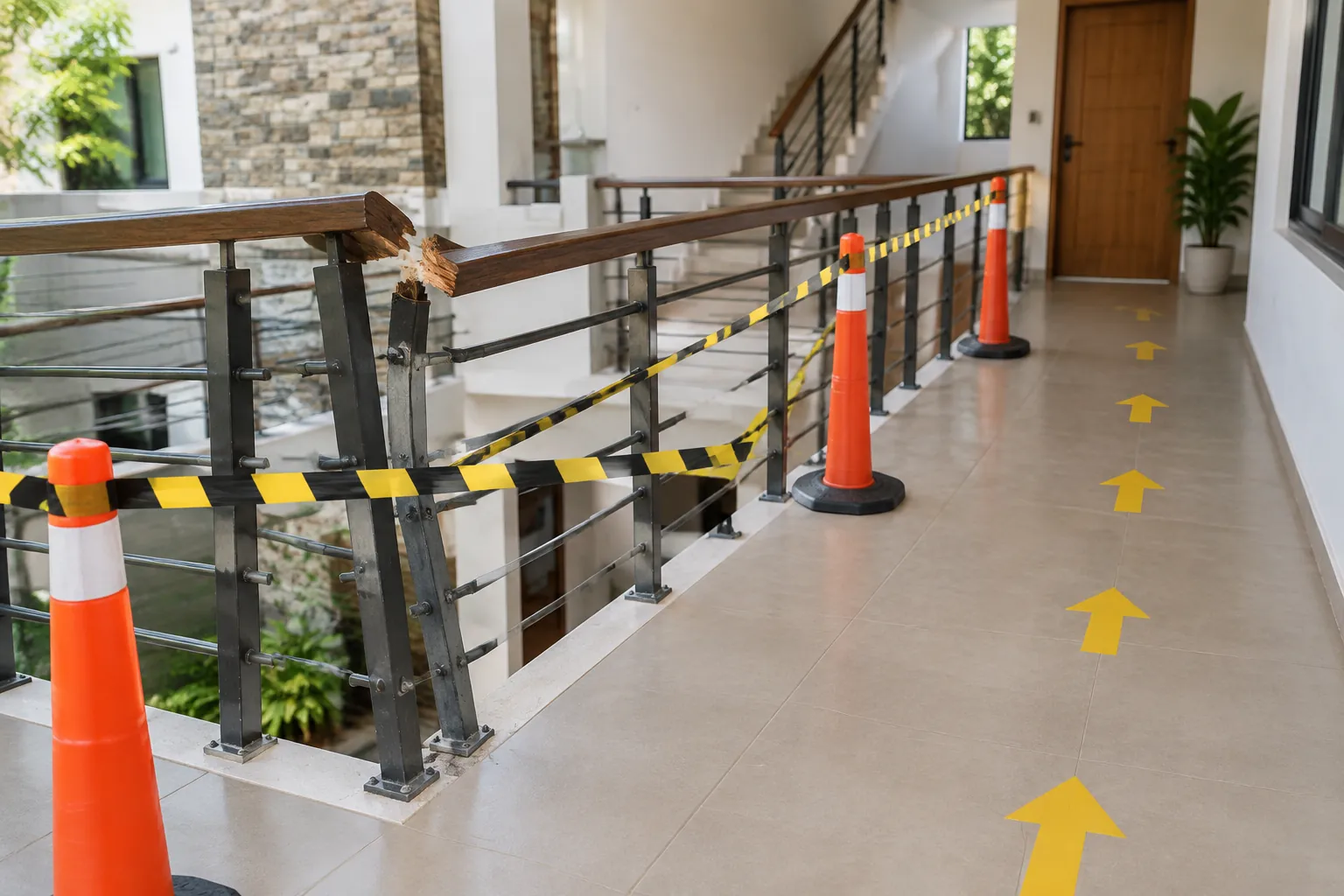 Area pagar balkon diberi pembatas dan penanda jalur sementara