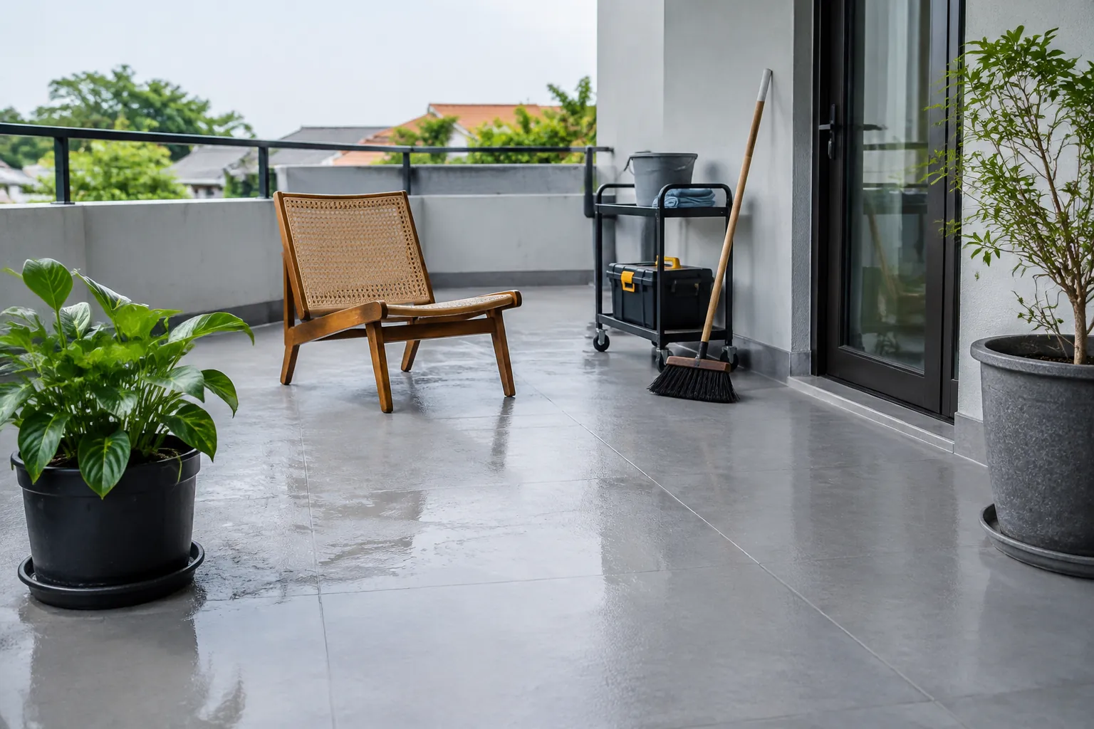 Kursi dan peralatan berada di atas lantai teras berlapis waterproofing