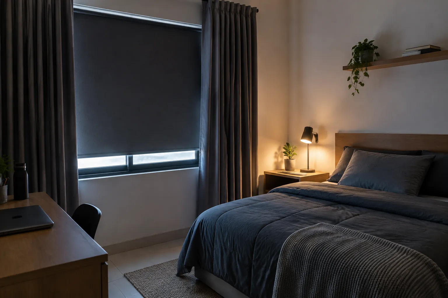 Kamar tidur dengan tirai gelap dan lampu samping ranjang