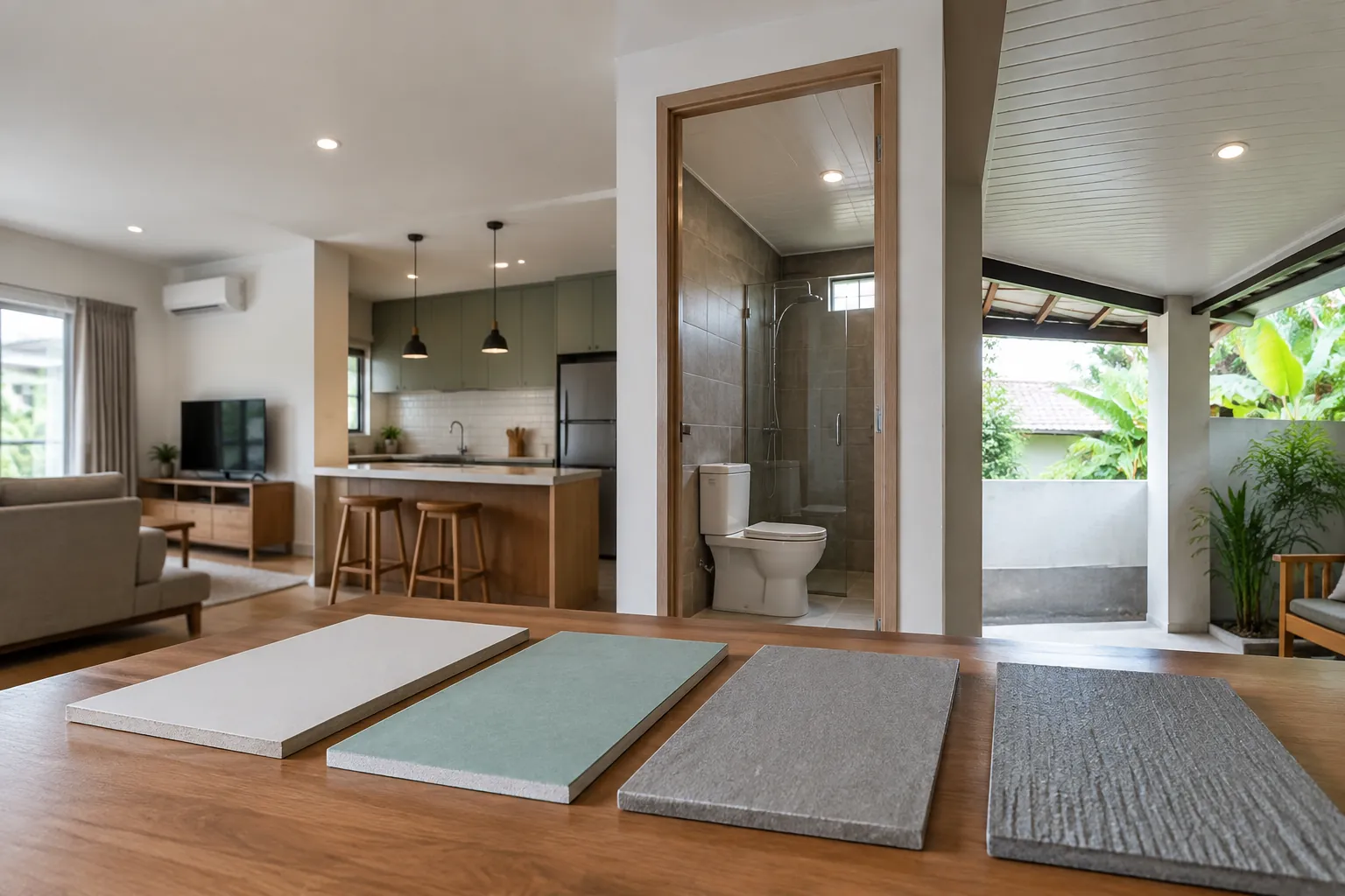 Contoh bahan plafon di depan ruang tinggal dan kamar mandi