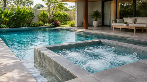 Kolam dengan bak spa bergelembung yang menyatu di sisi teras