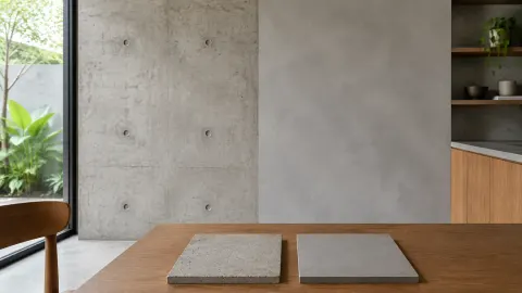 Dinding berlapis akhir menyerupai beton dengan dua contoh permukaan