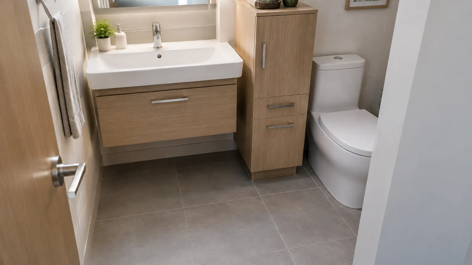 Wastafel, kabinet vertikal, dan toilet di kamar mandi kecil dengan lantai pendekatan yang terlihat.